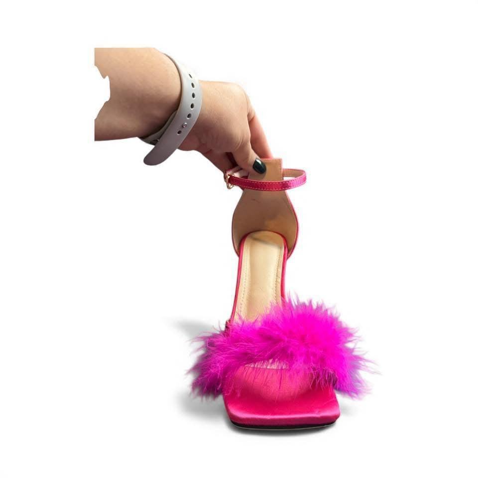 PINK HEELS W ANKLE STRAP & FEATHERS SZ 40/9 NEW