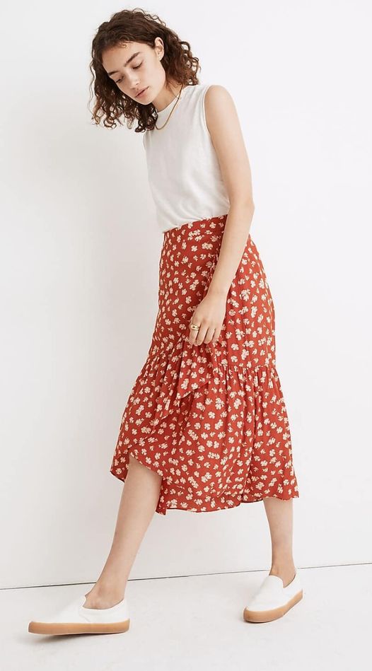 MADEWELL RUFFLE WRAP MIDI SKIRT IN HAPPY HIBISCUS SZ 12