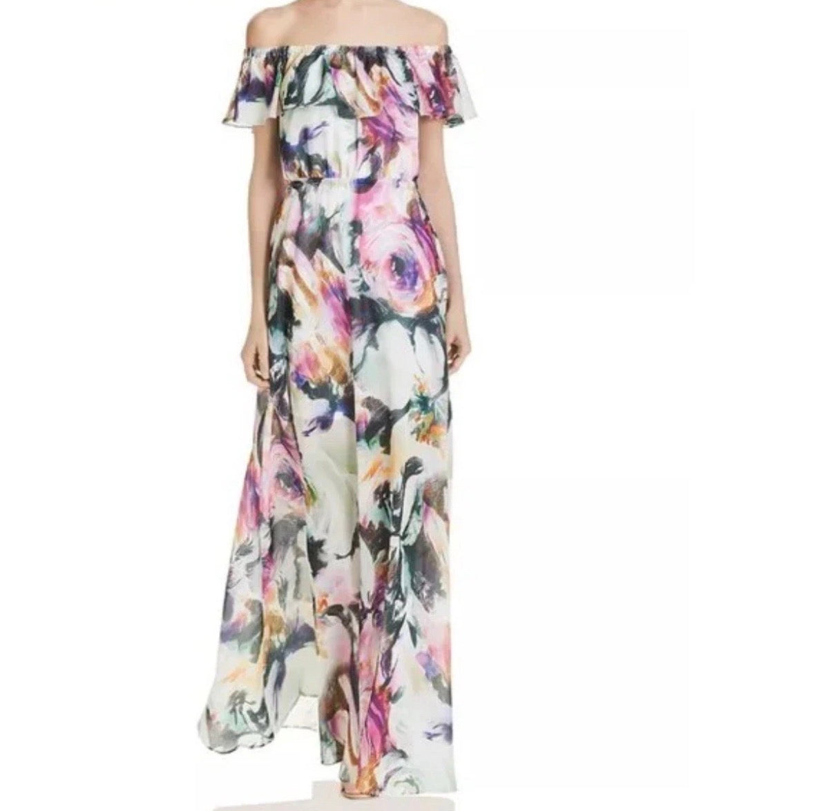 BETSEY JOHNSON WOMENS MAXI DRESS OFF SHOULDER RUFFLE FLORAL CHIFFON SZ 4