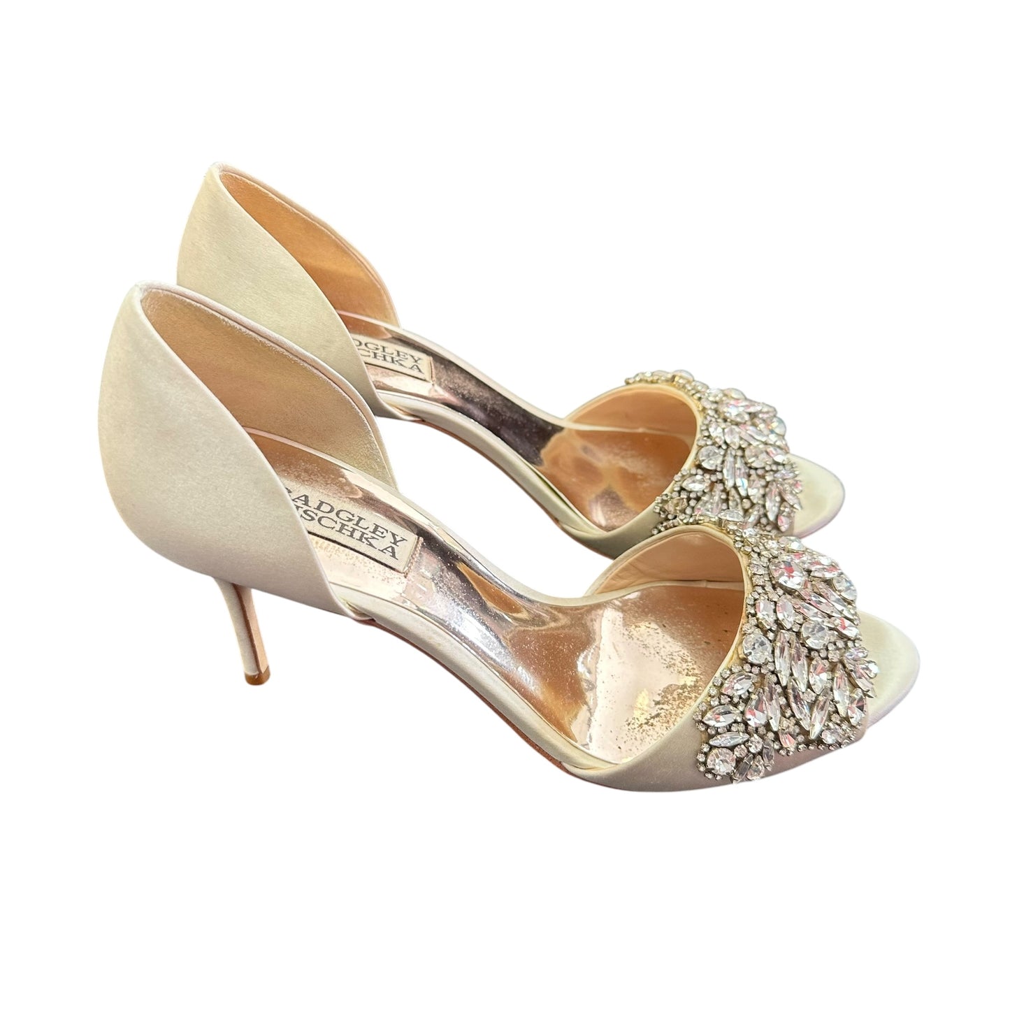 BADGLEY MISCHKA HANSEN HEELS IVORY SATIN 119 SZ 7.5