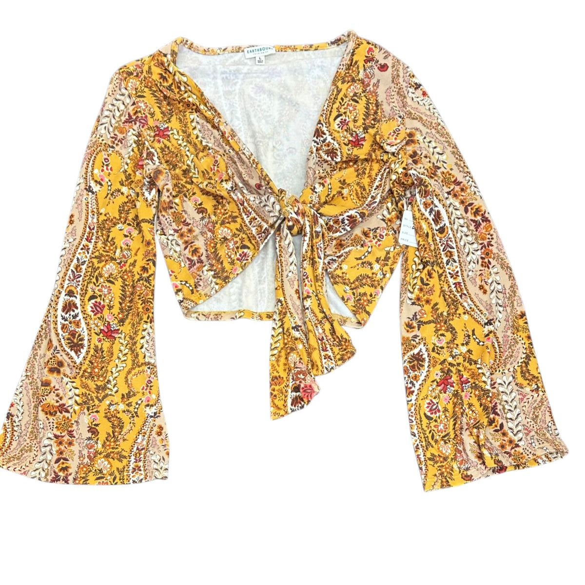 EARTHBOUND YELLOW PAISLEY BOHO CROP TOP TIE FRONT 289 LARGE
