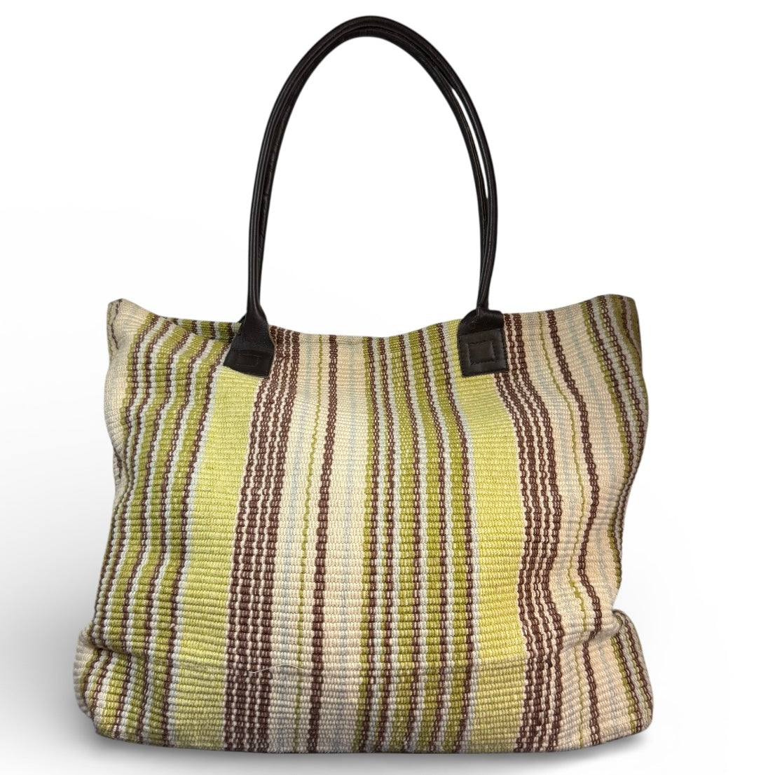 DASH & ALBERT HANDWOVEN COTTON SHOULDER BAG TOTE STRIPED BROWN LEATHER 100