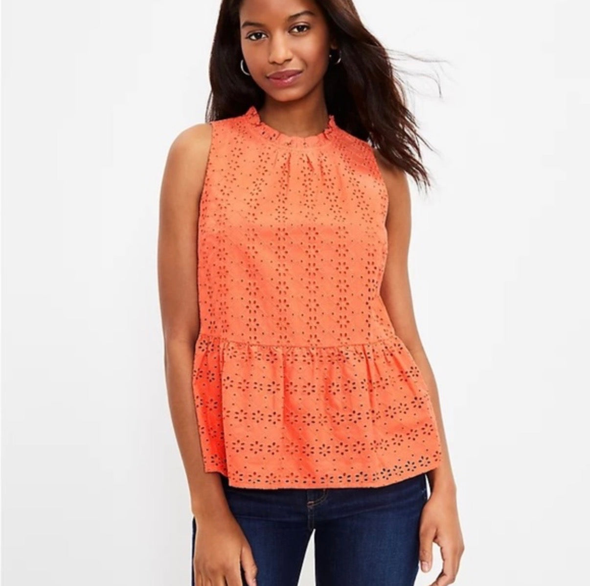 LOFT ORANGE CORAL PEPLUM EYELET BLOUSE 164 LARGE