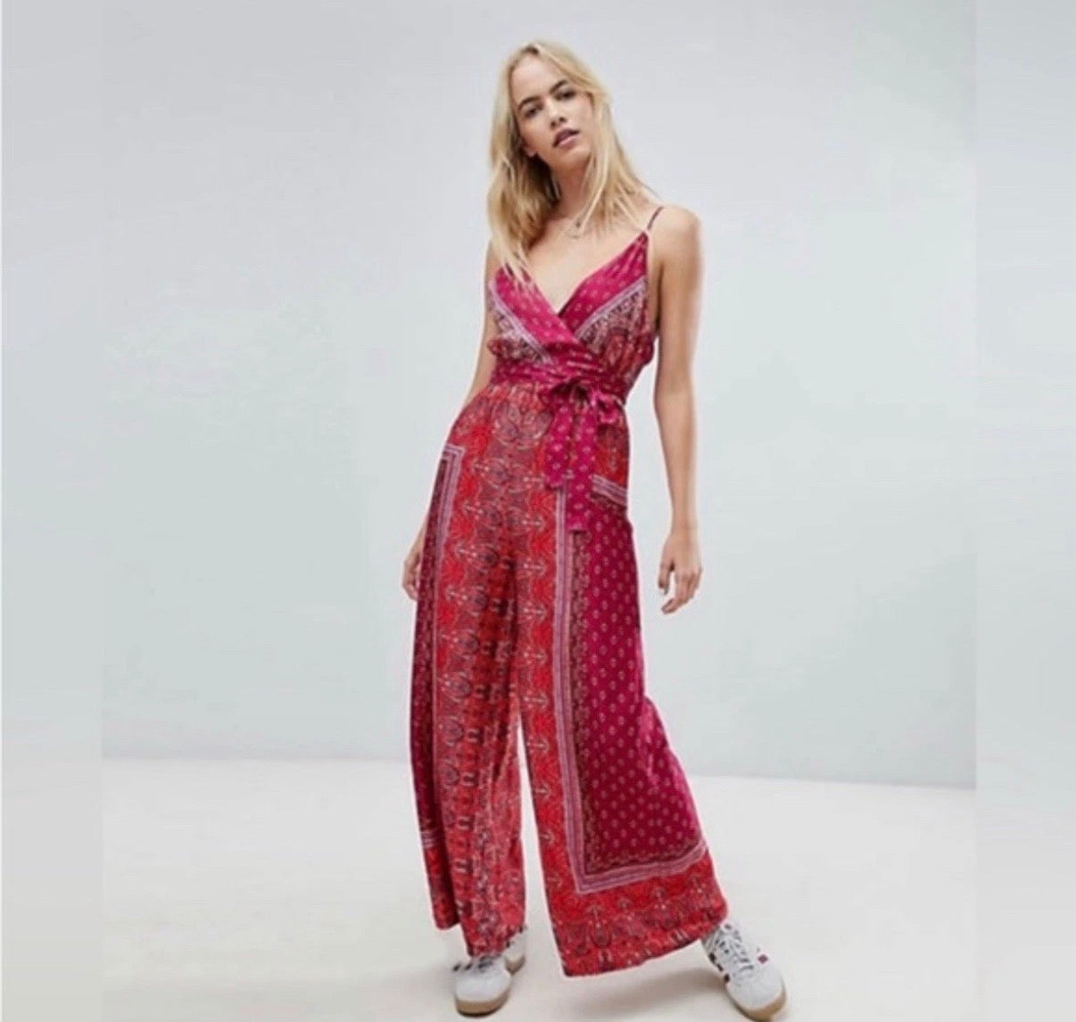 FREE PEOPLE ROSE PINK BOHO JUMPSUIT CROPPED WIDE LEG SZ 8