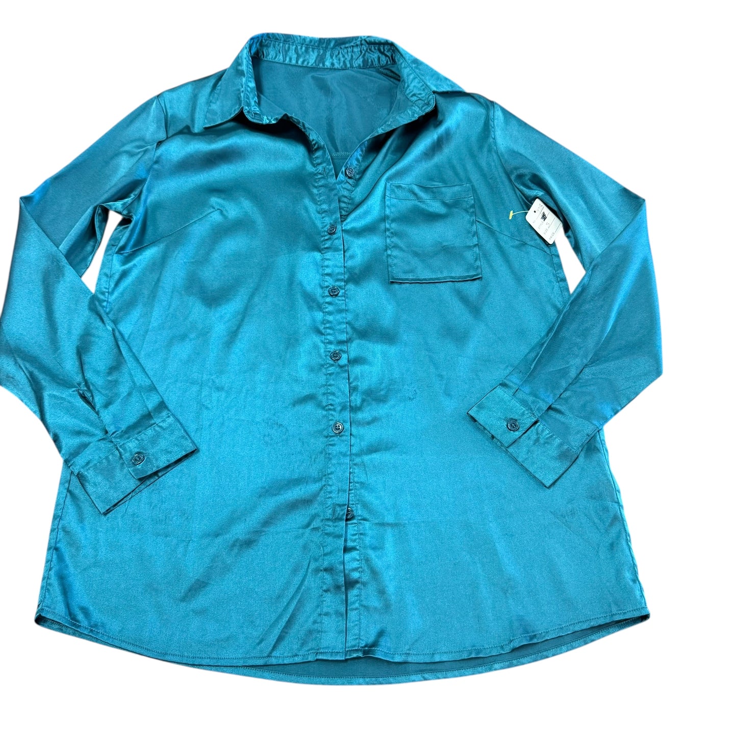 TURQUOISE SATIN LONG SLEEVE BUTTON DOWN BLOUSE 223 SMALL *SPOT