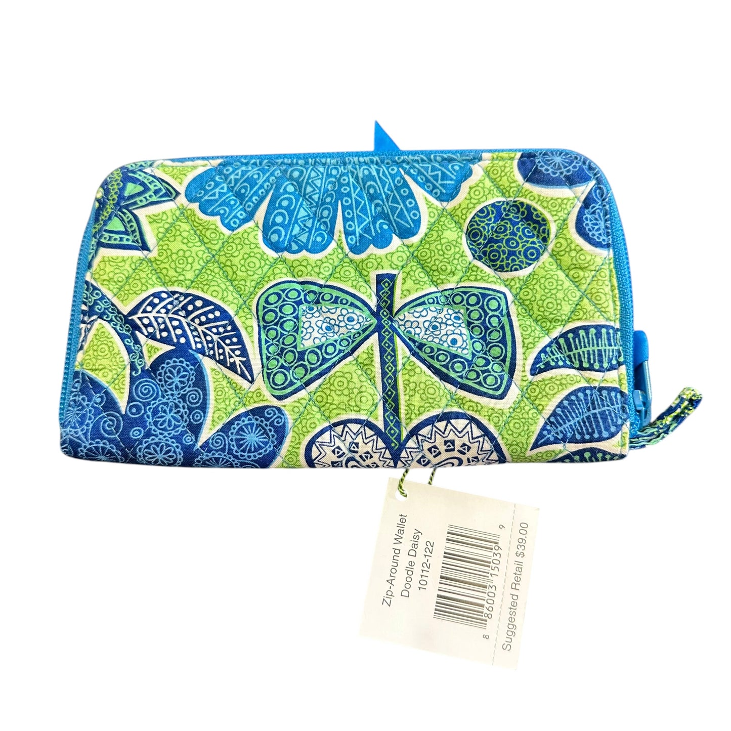 VERA BRADLEY BLUE GREEN QUILTED FULL ZIP AROUND WALLET NWT 258 OS