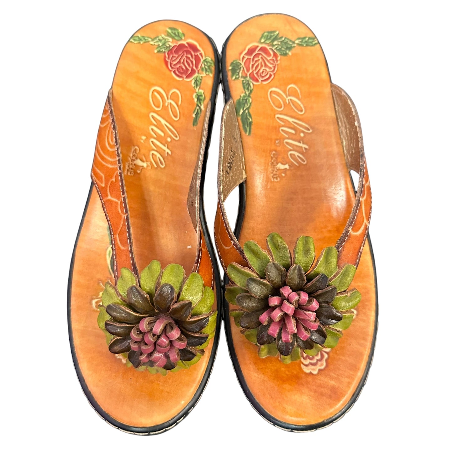 ELITE CORKY SANDALS LEATHER FLOWER NWOT 87 SZ 8