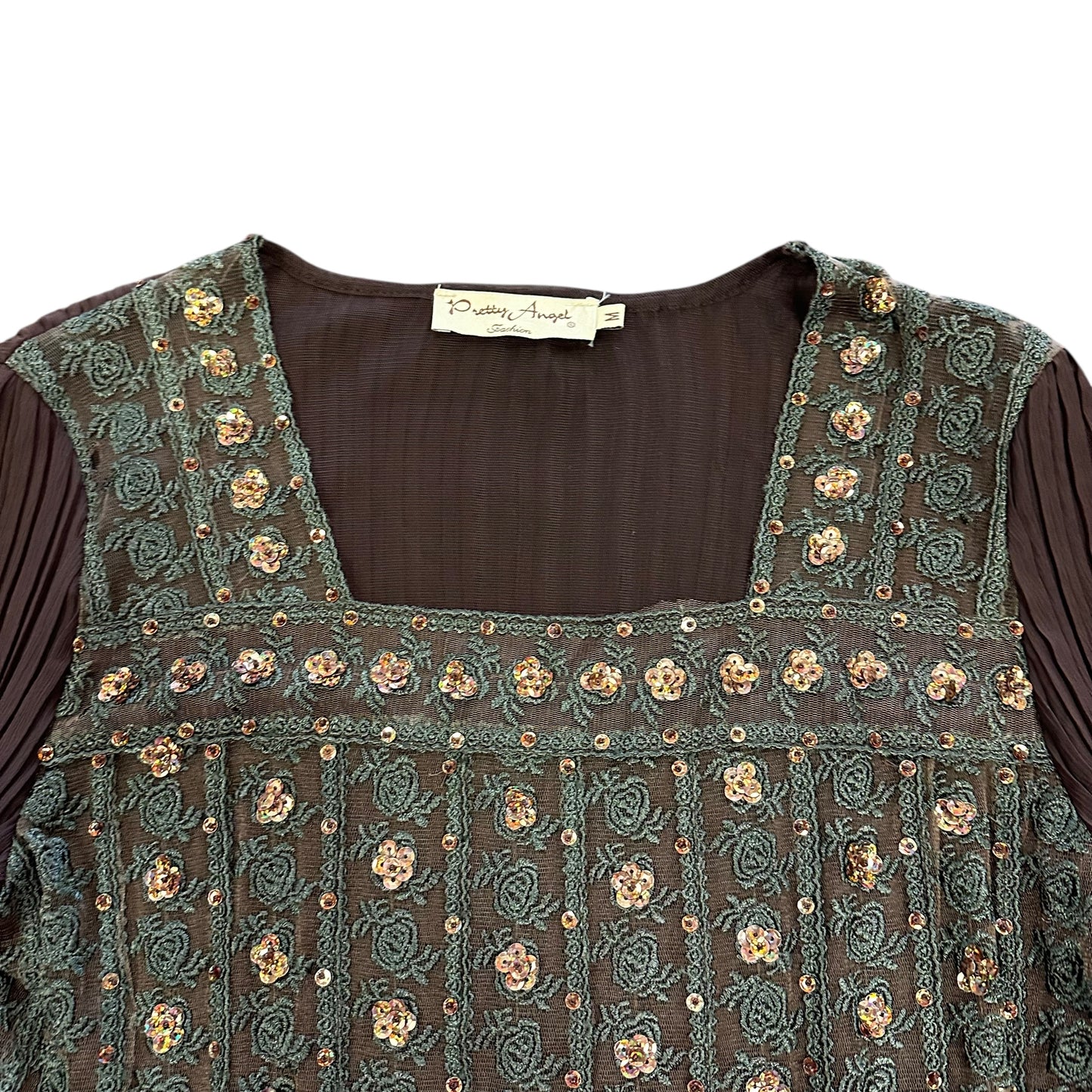 PRETTY ANGEL BROWN PLEATED EMBELLISHED BLOUSE 216 MEDIUM