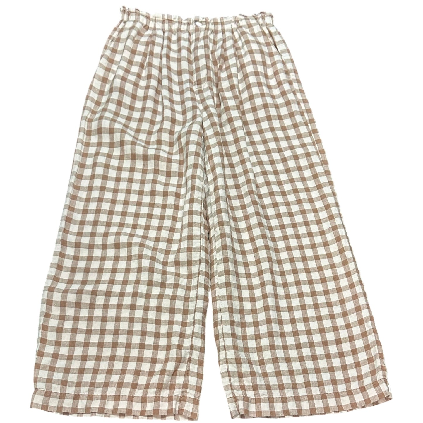 LOU & GREY PINK BROWN PLAID WIDE LEG TROUSERS LINEN 84 SMALL