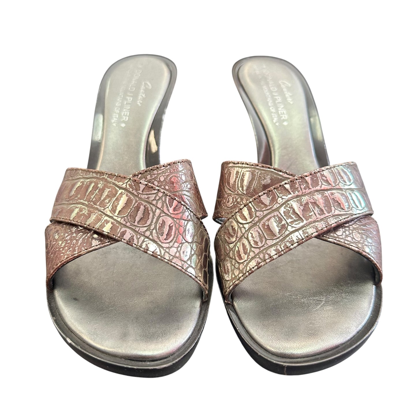 DONALD J PLINER EXPRESSO PEWTER SANDAL HEELS 87 SZ 7.5