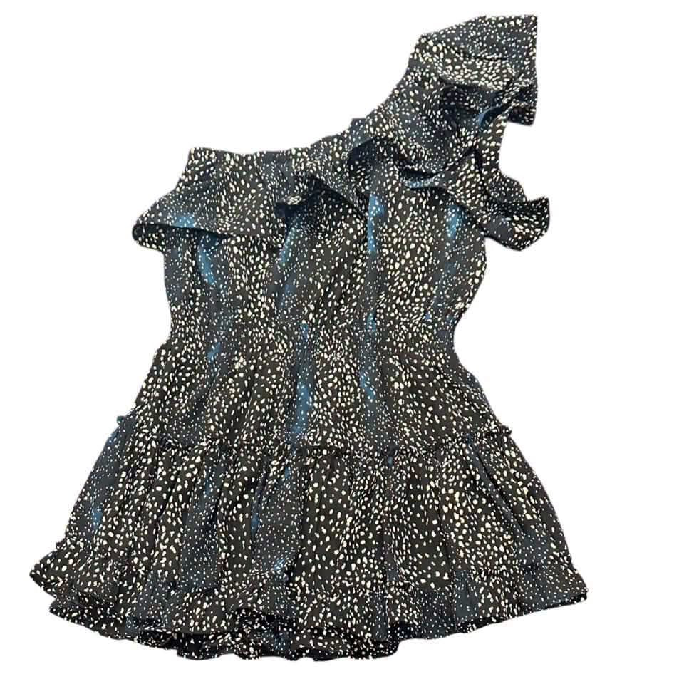 BUDDY LOVE BLACK BEIGE  BLUE SPECKLED RUFFLES ONE SHOULDER DRESS 171 LARGE