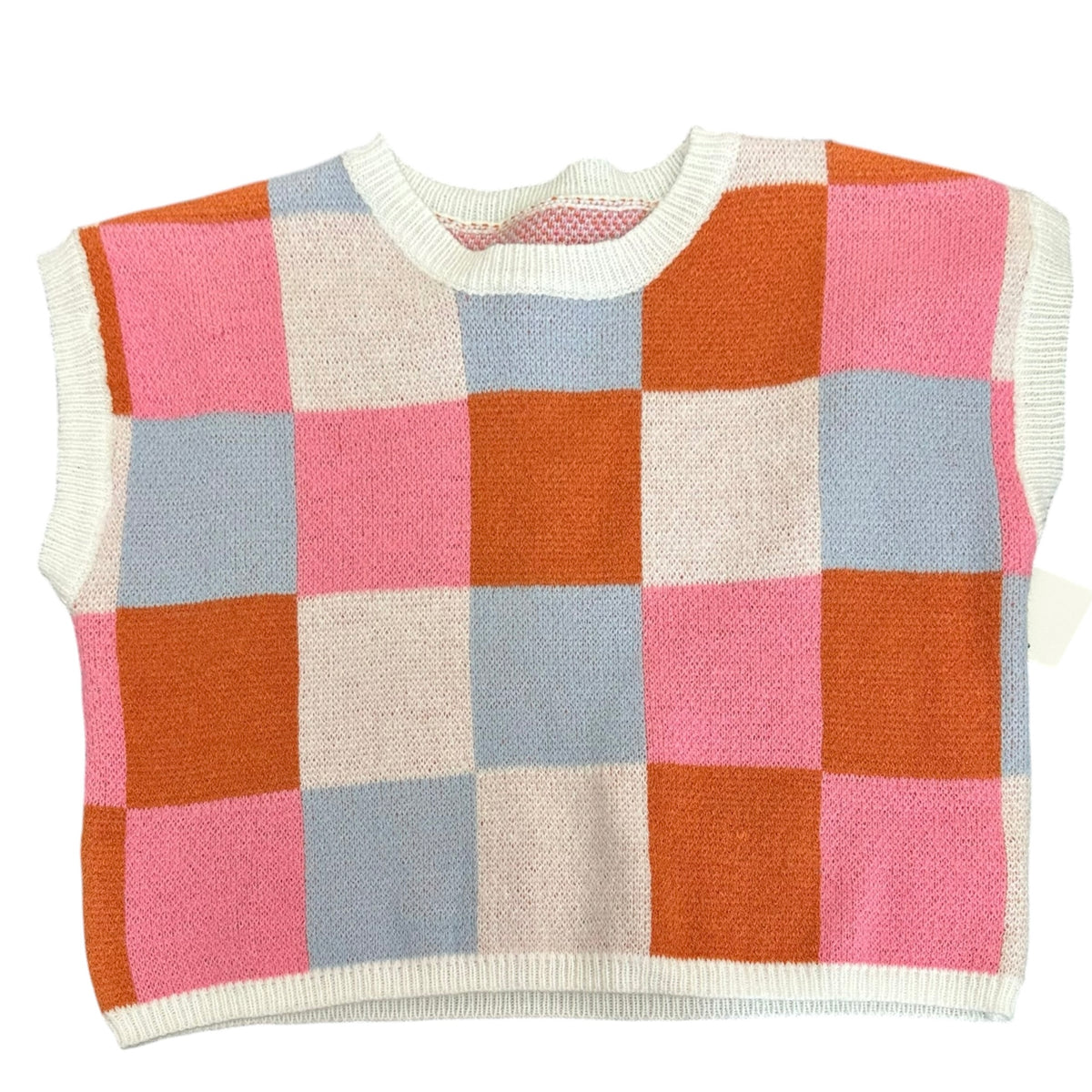 COLORFUL CHECKERED SWEATER VEST PINK WHITE BLUE ORANGE 289 SMALL
