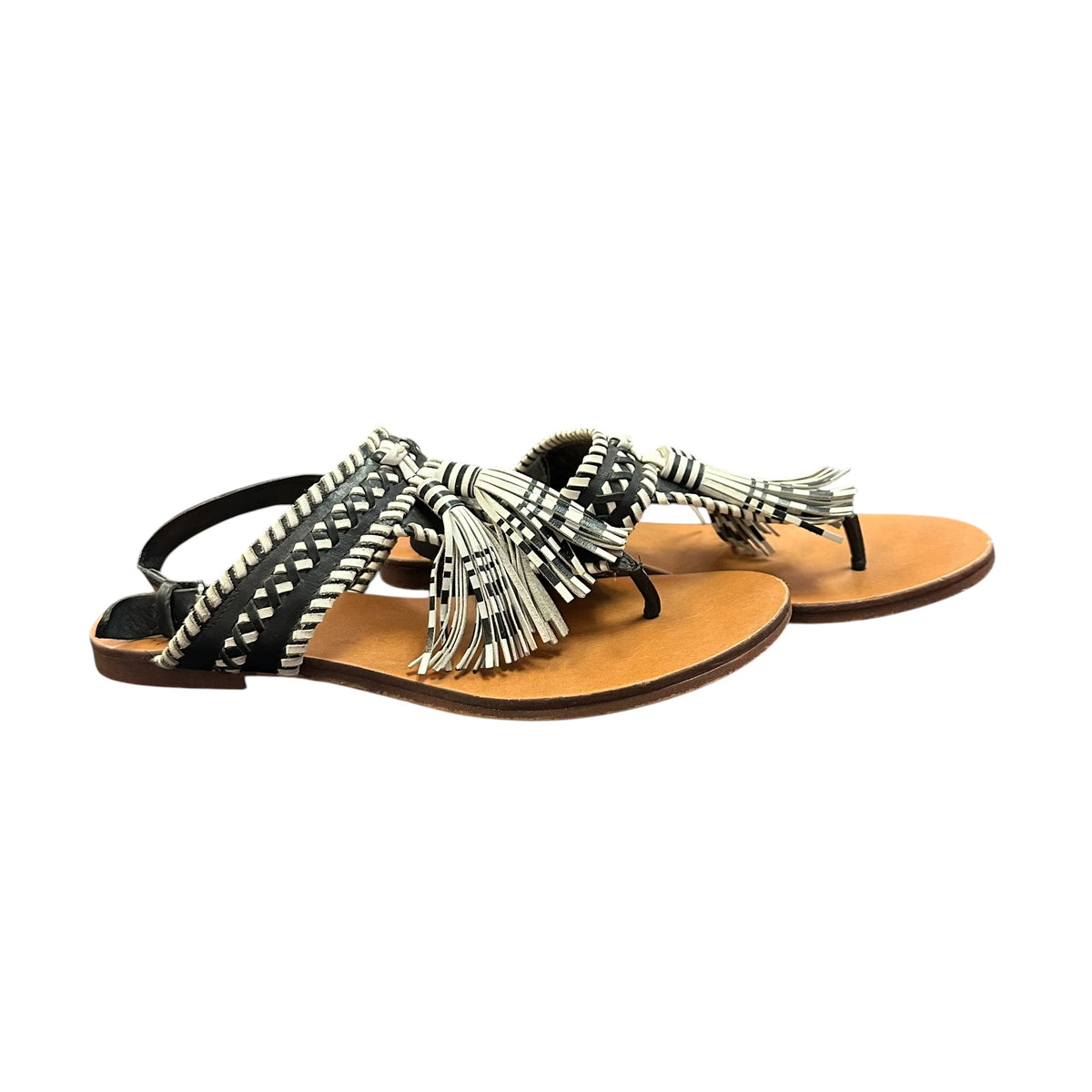 VINCE CAMUTO REBEKA TASSEL BLACK WHITE LEATHER SANDALS 126 SZ 7.5