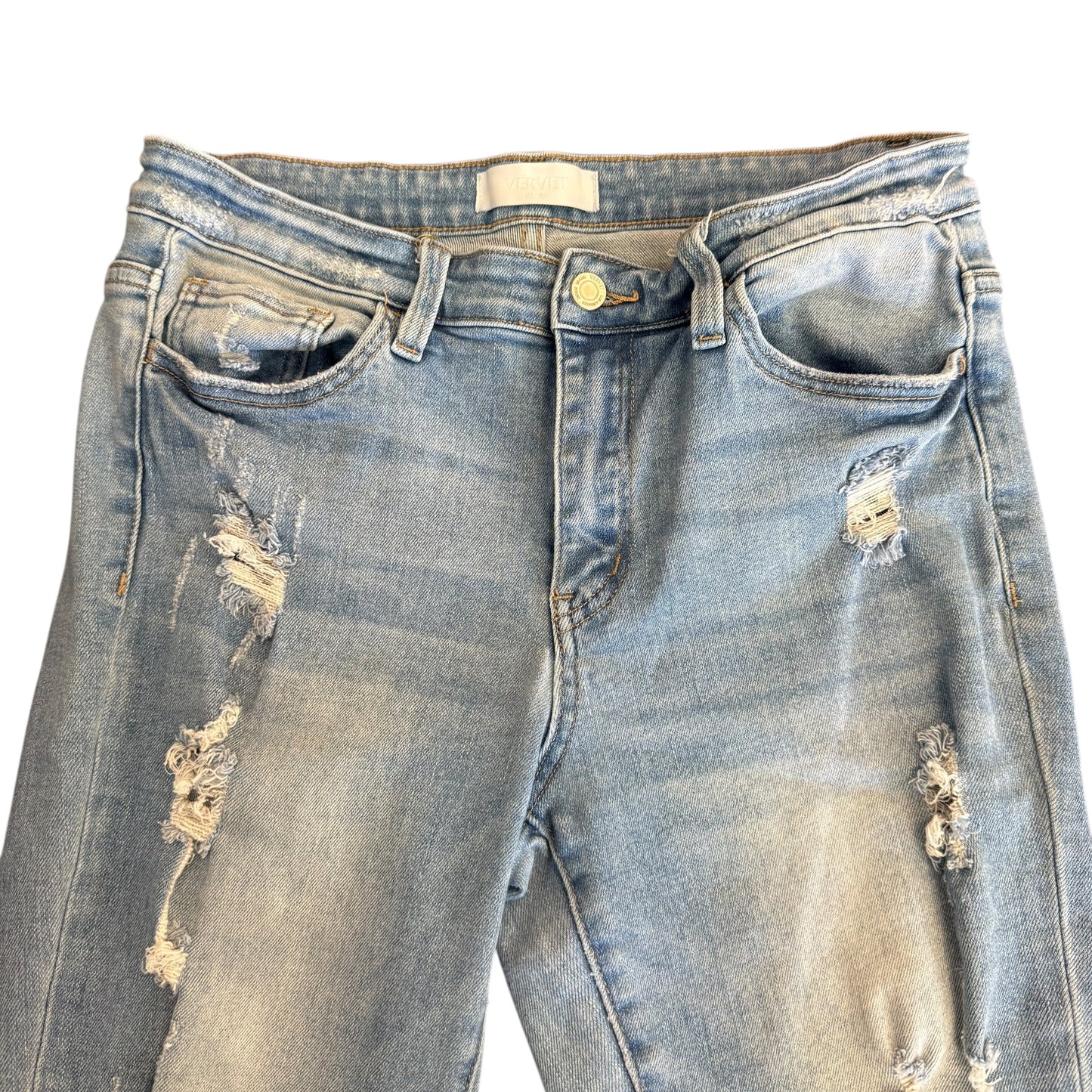 VEREVET DENIM BLUE JEANS FLARES DISTRESSED 100 SZ 10/30