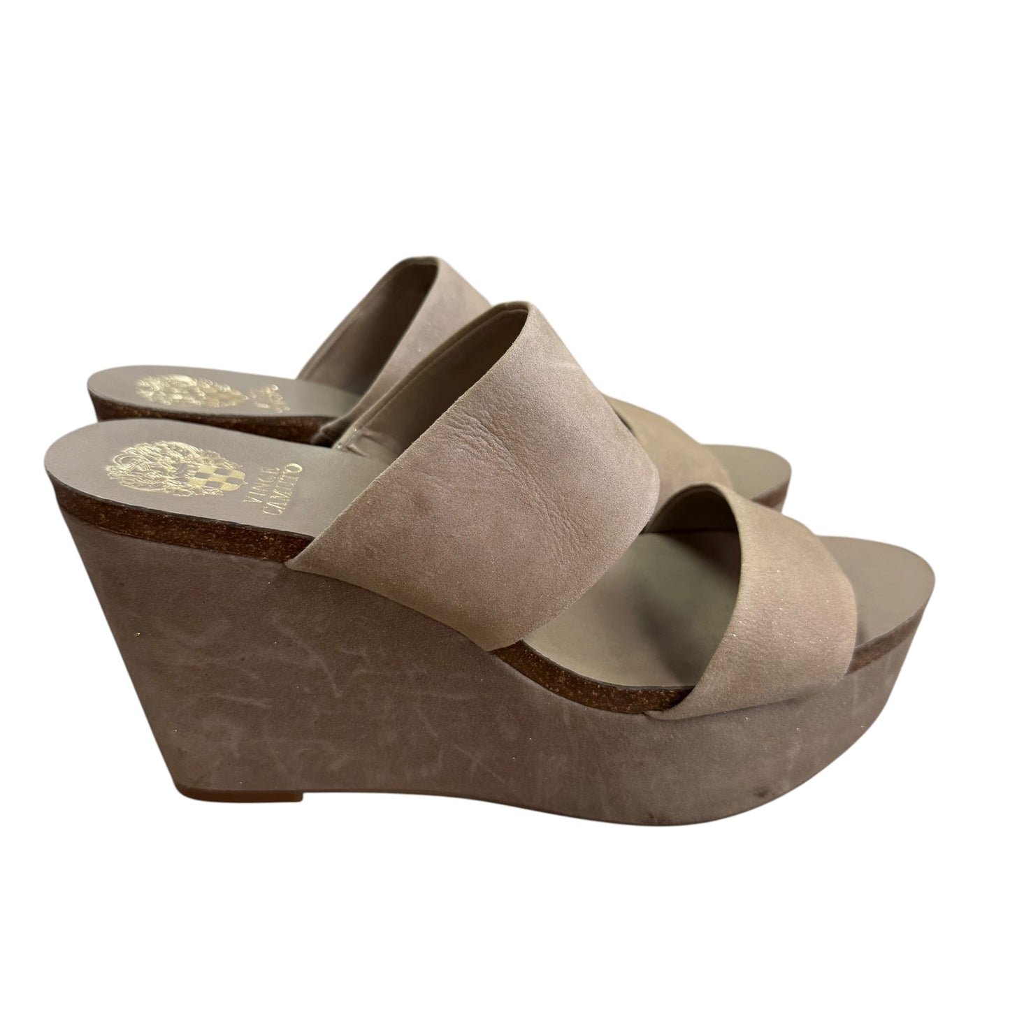 VINCE CAMUTO TAUPE WEDGES GOLD SPECS LEATHER 84 SZ 9