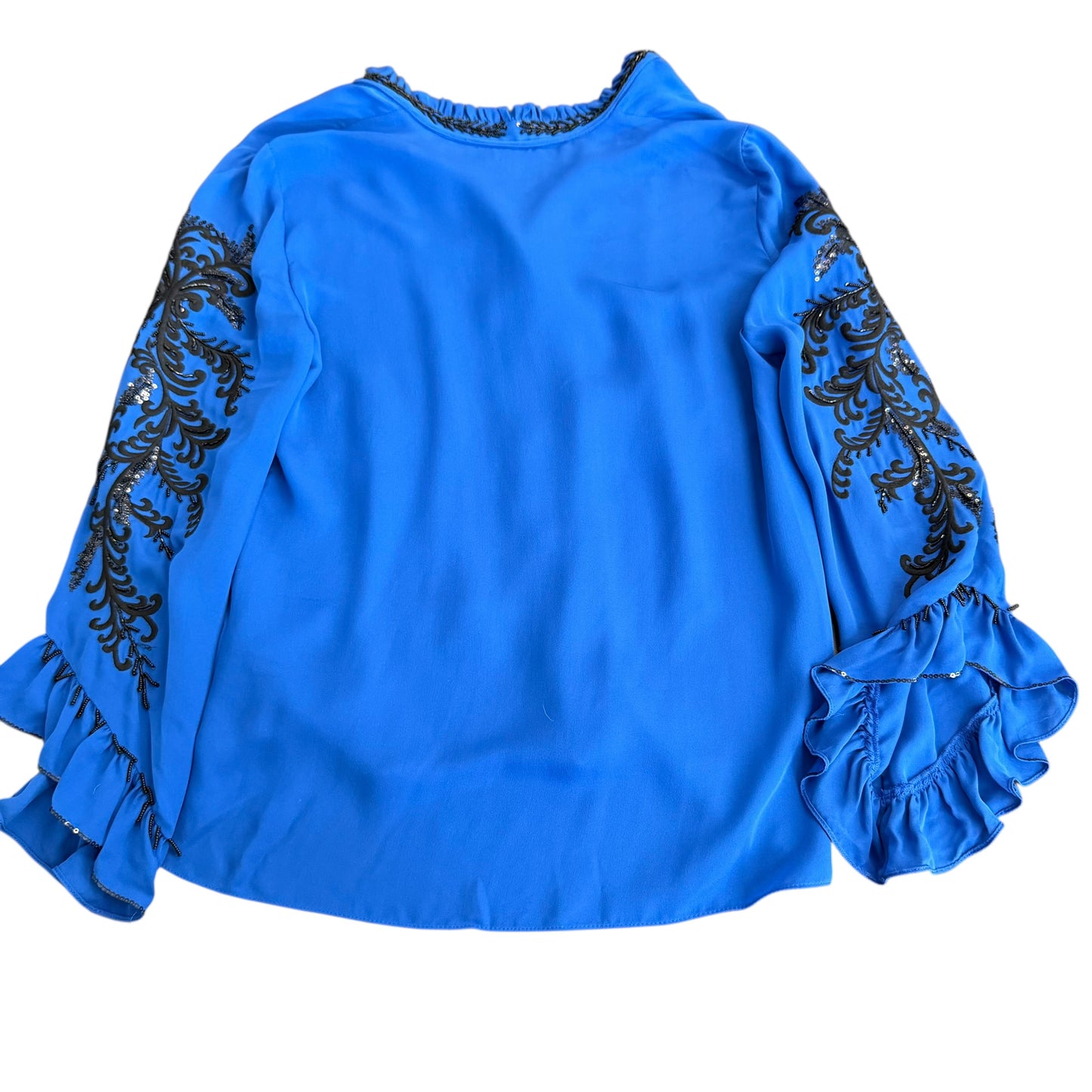 KOBI HALPERIN BLUE SILK BLOUSE BLACK BEADED MARGO 255 MEDIUM