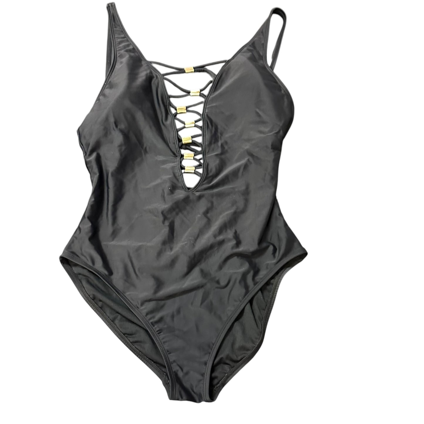 BLEU ROD BEATTIE BLACK SWIMSUIT GOLD HARDWARE 143 SZ 8