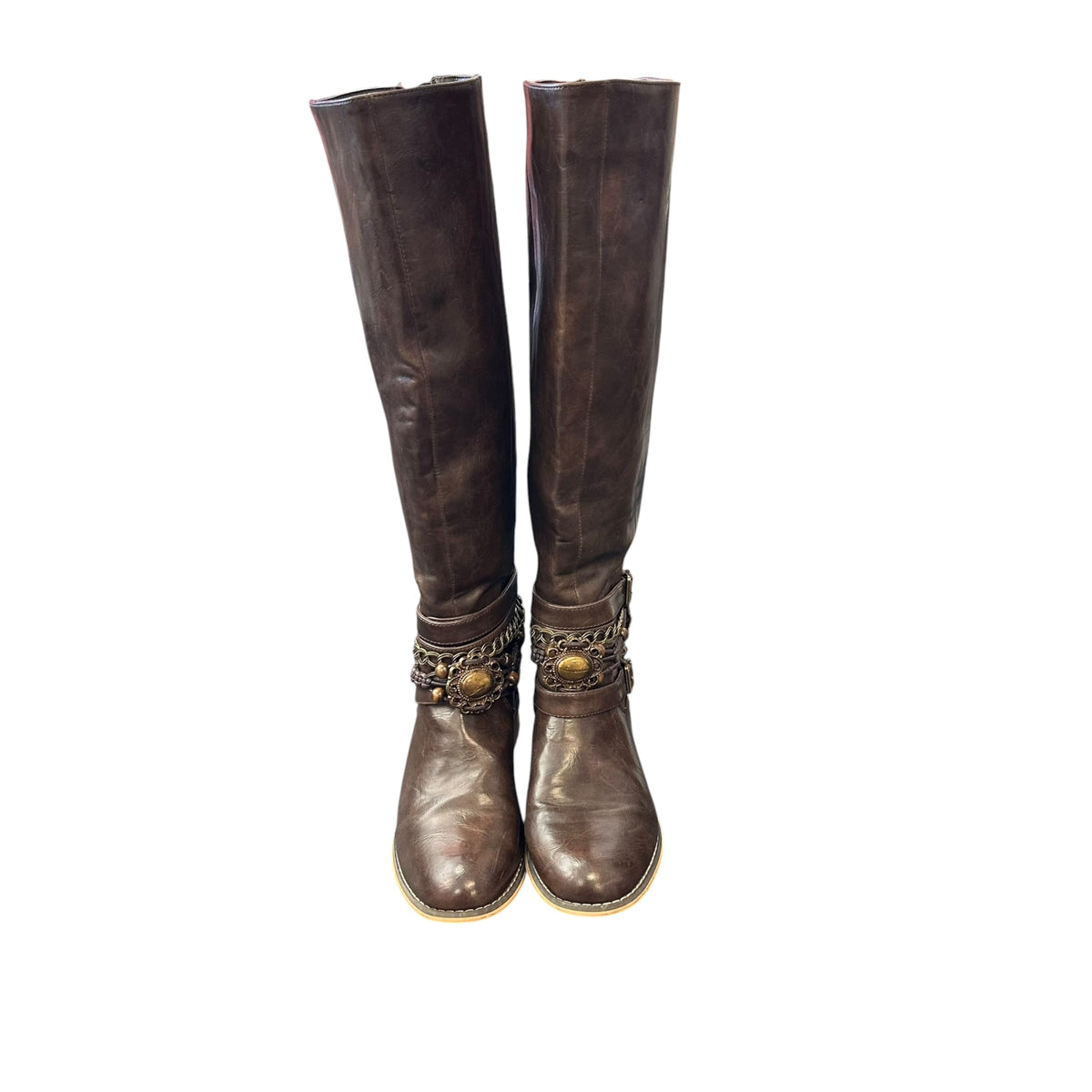 BROWN VEGAN LEATHER RIDING BOOTS EMBELLISHED 100 SZ 7