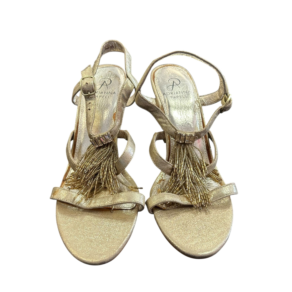 ADRIANNA PAPPEL GOLD TASSEL BEADED WEDGES 200 SZ 9