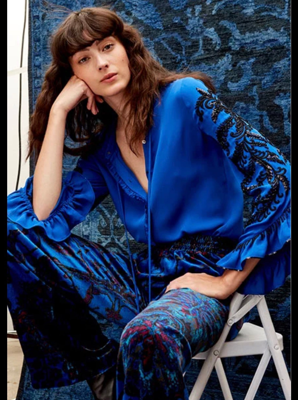 KOBI HALPERIN BLUE SILK BLOUSE BLACK BEADED MARGO 255 MEDIUM