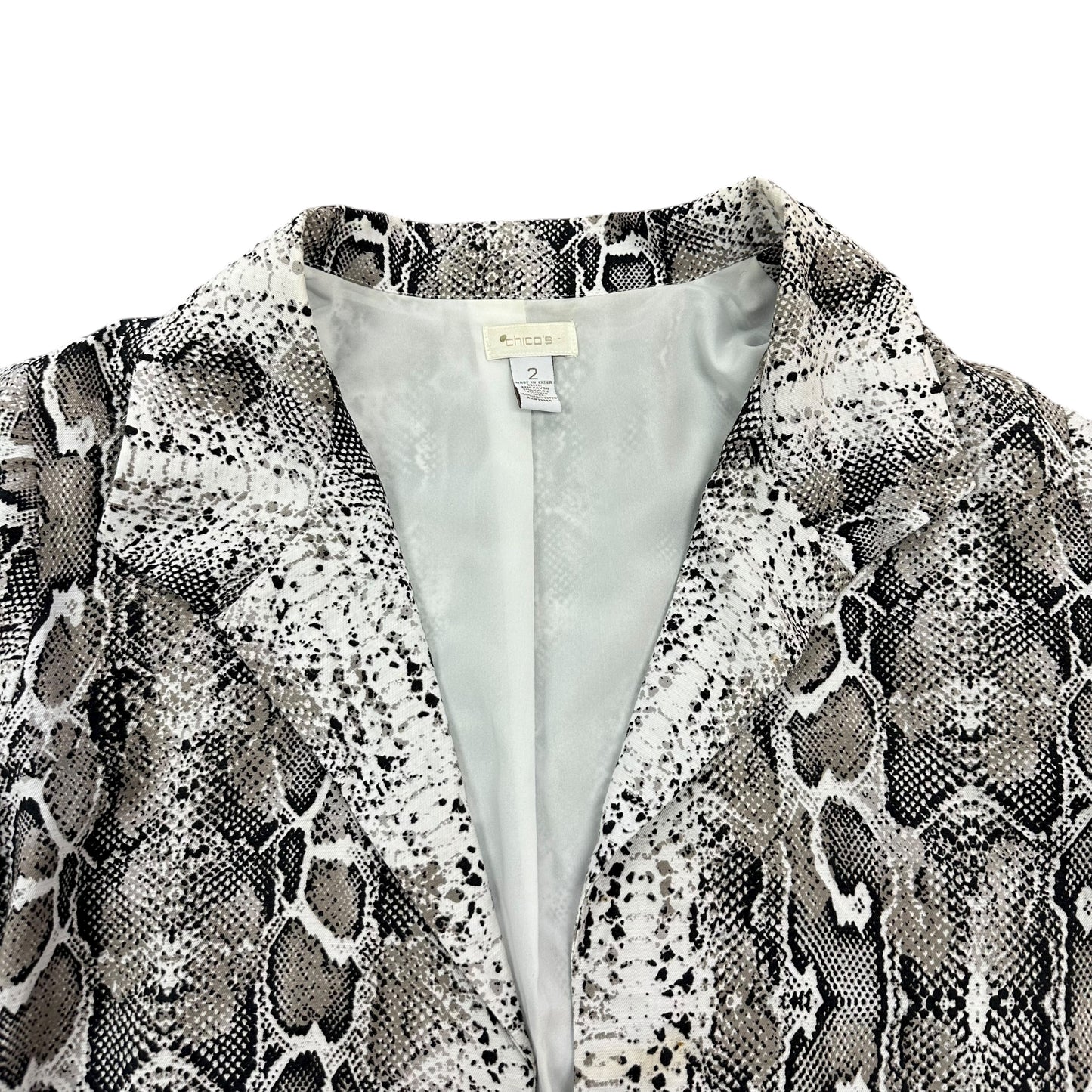 CHICO'S OPEN FRONT JACKET BLAZER GRAY WHITE SNAKE PRINT 3/4 SLEEVE 100 LARGE