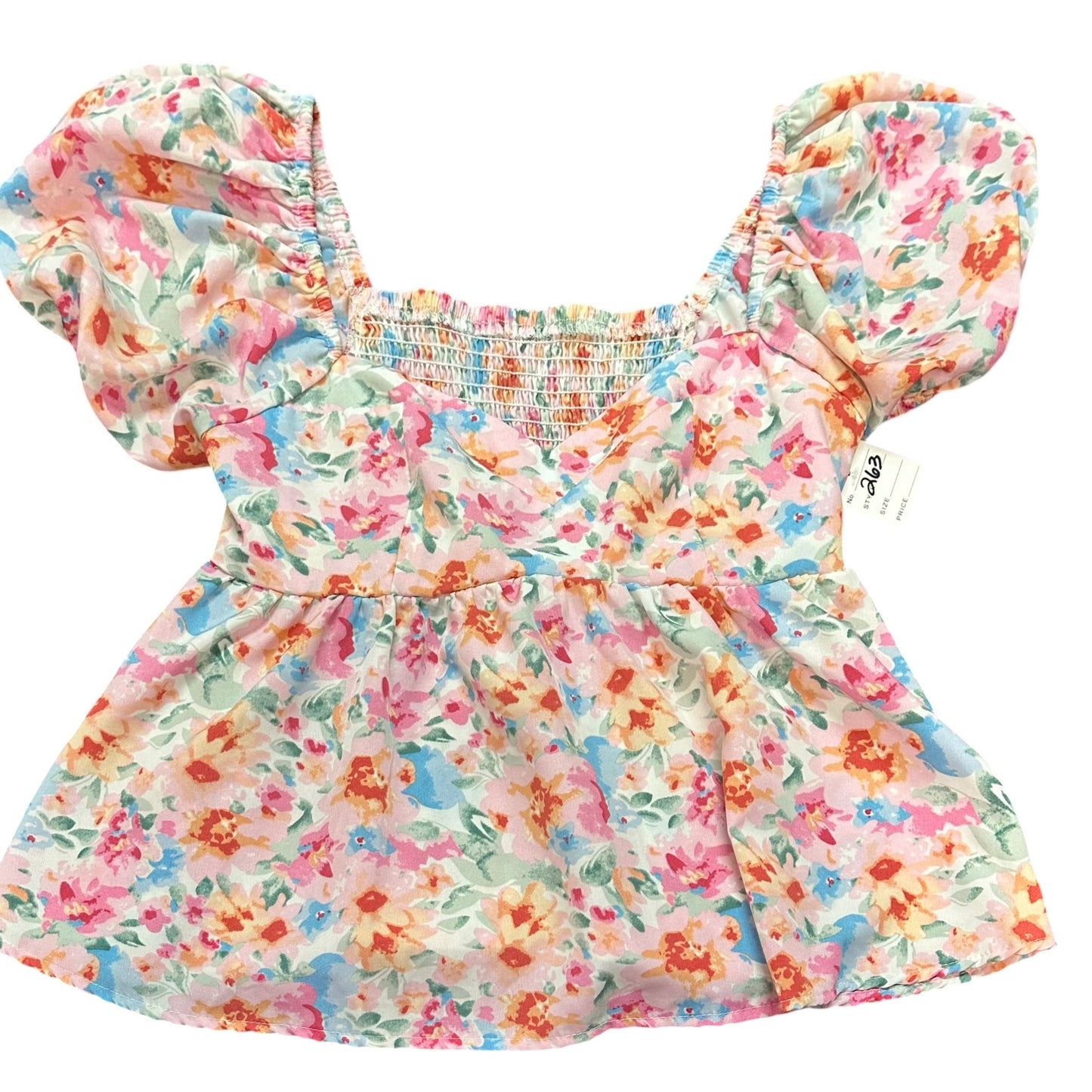 FLORAL BABYDOLL BLOUSE PUFF SLEEVES SMOCKED 263 SMALL