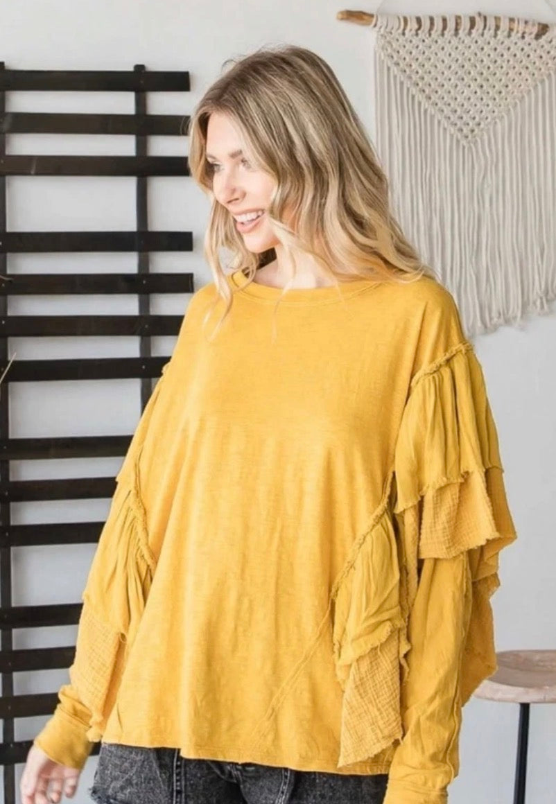 OLI & HALI YELLOW FLUTTER RUFFLE LONG SLEEVE BLOUSE 100 MEDIUM
