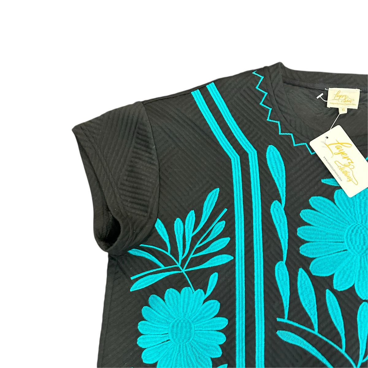 LAYERZ CLOTHING BLACK TEXTURED TURQUOISE EMBROIDERED SET NWT 298 XL