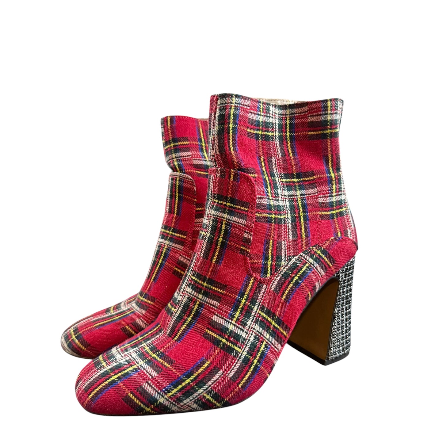RED PLAID ANKLE BOOTIES EMBELLISHED SQUARE HEEL 248 SZ 7