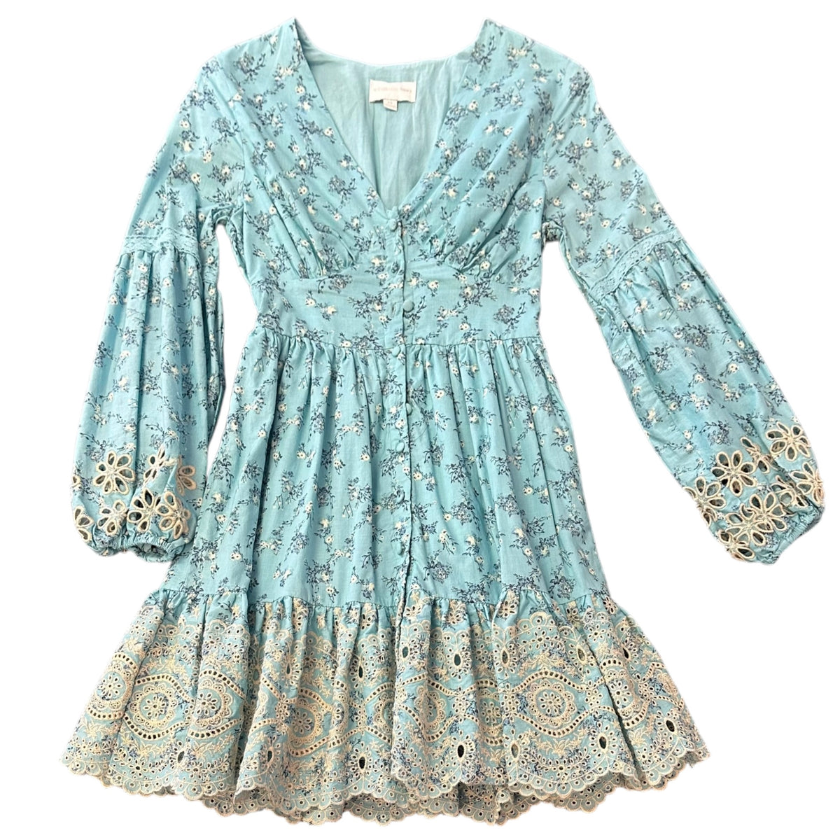 A COLLECTIVE STORY BLUE FLORAL EYELET DRESS 100 XS