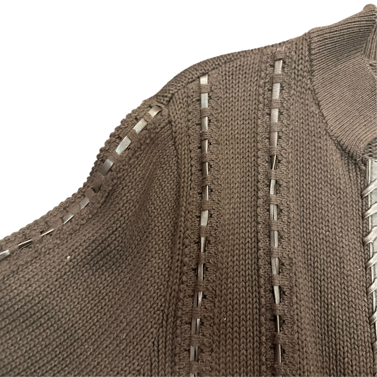NYGARD BROWN KNIT CARDIGAN LEATHER TRIM 38 LARGE