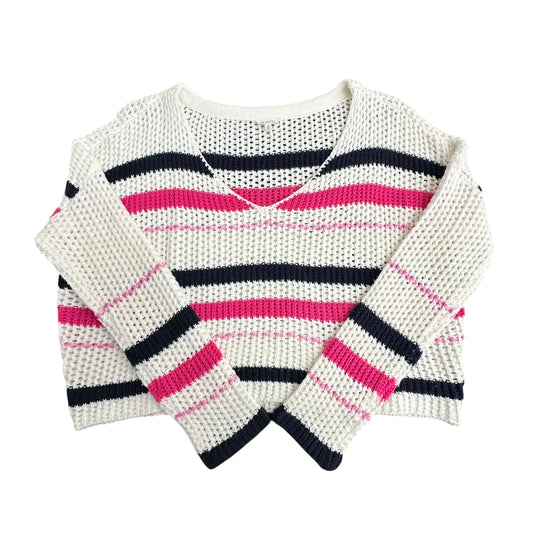 EN CREME BEIGE STRIPED PINK NAVY OPEN KNIT SWEATER MEDIUM
