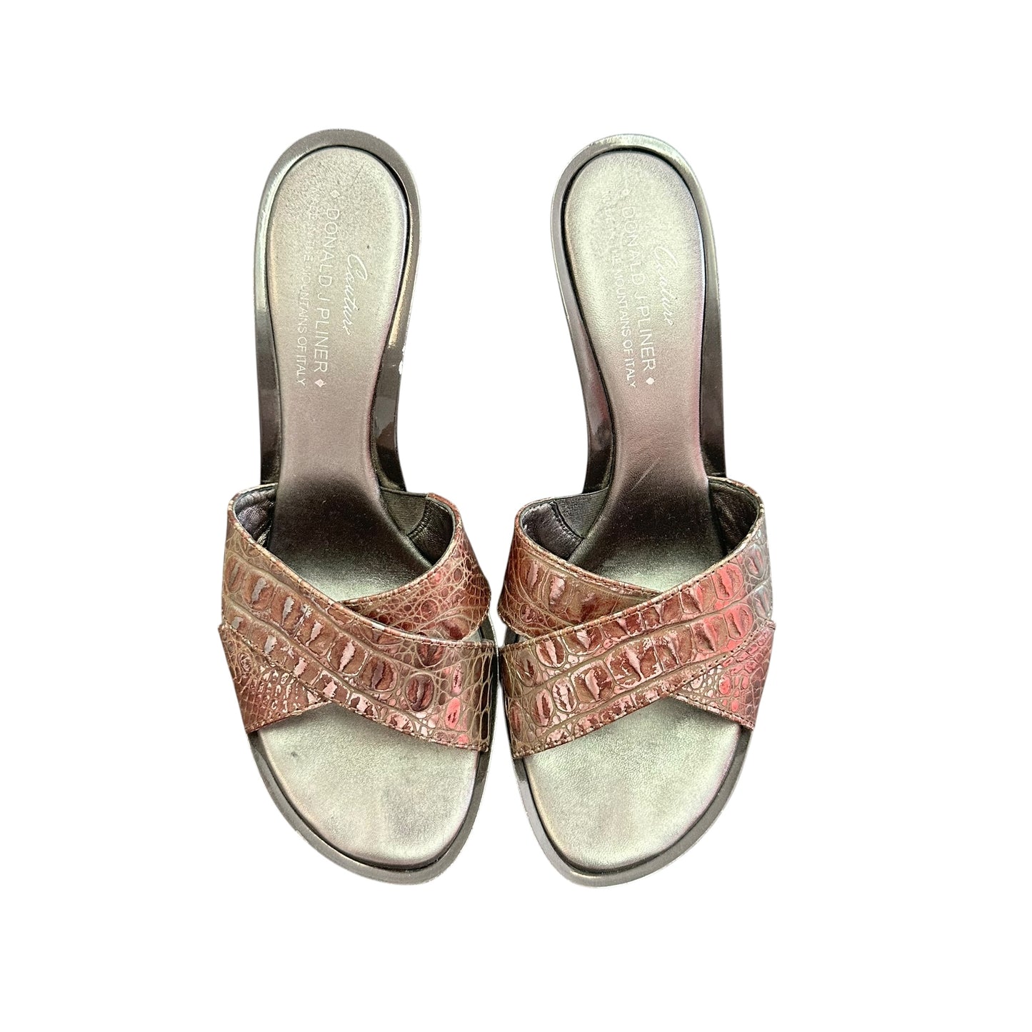 DONALD J PLINER EXPRESSO PEWTER SANDAL HEELS 87 SZ 7.5