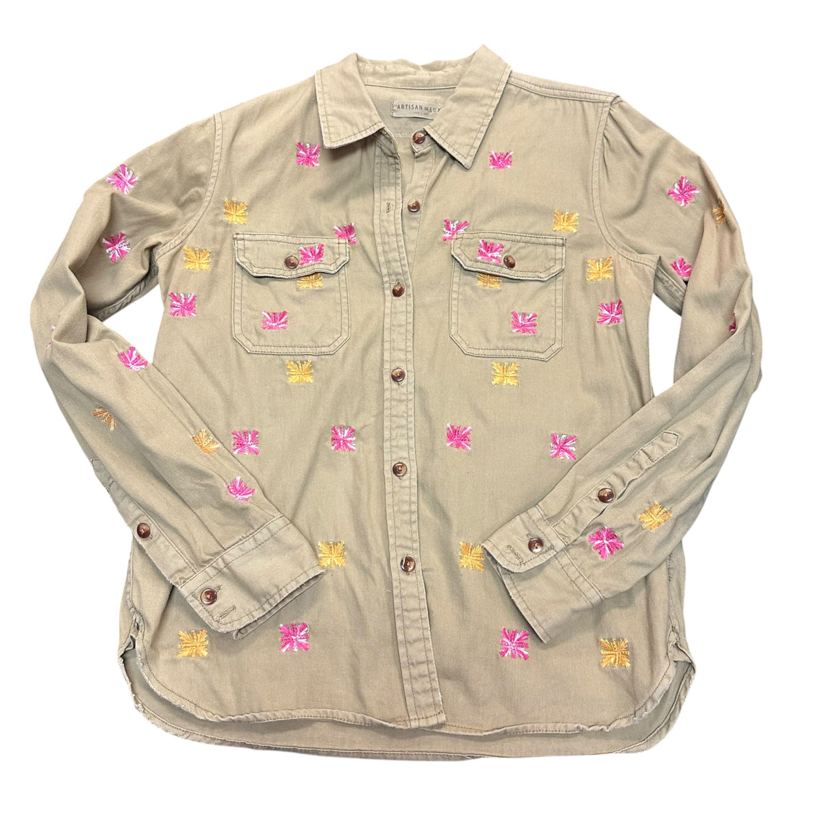 ARTISIAN DE LUXE KHAKI FLORAL EMBROIDERED BUTTON DOWN BLOUSE 38 MEDIUM