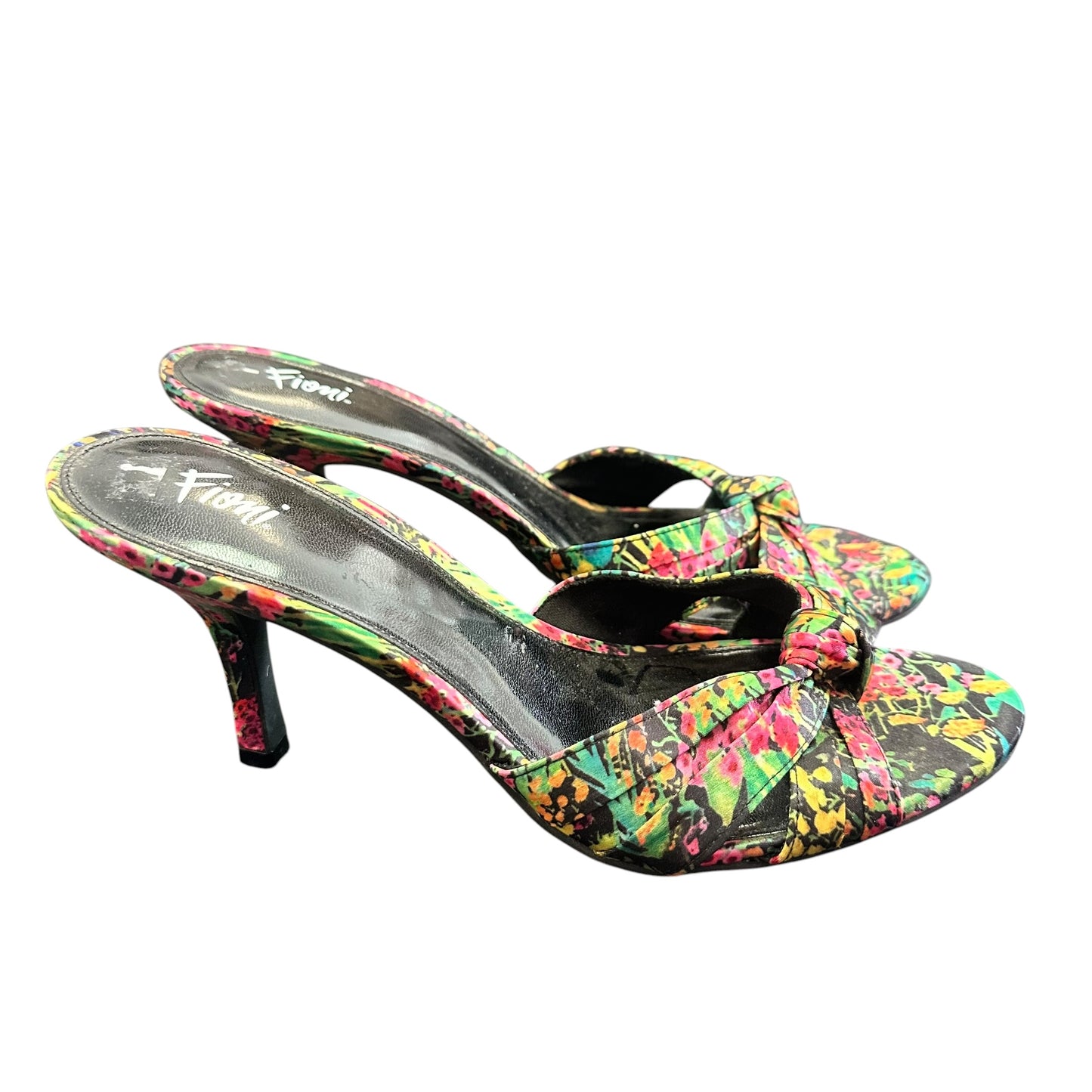 FIONI BLACK FLORAL SLIP ON HEELS 219 SZ 10
