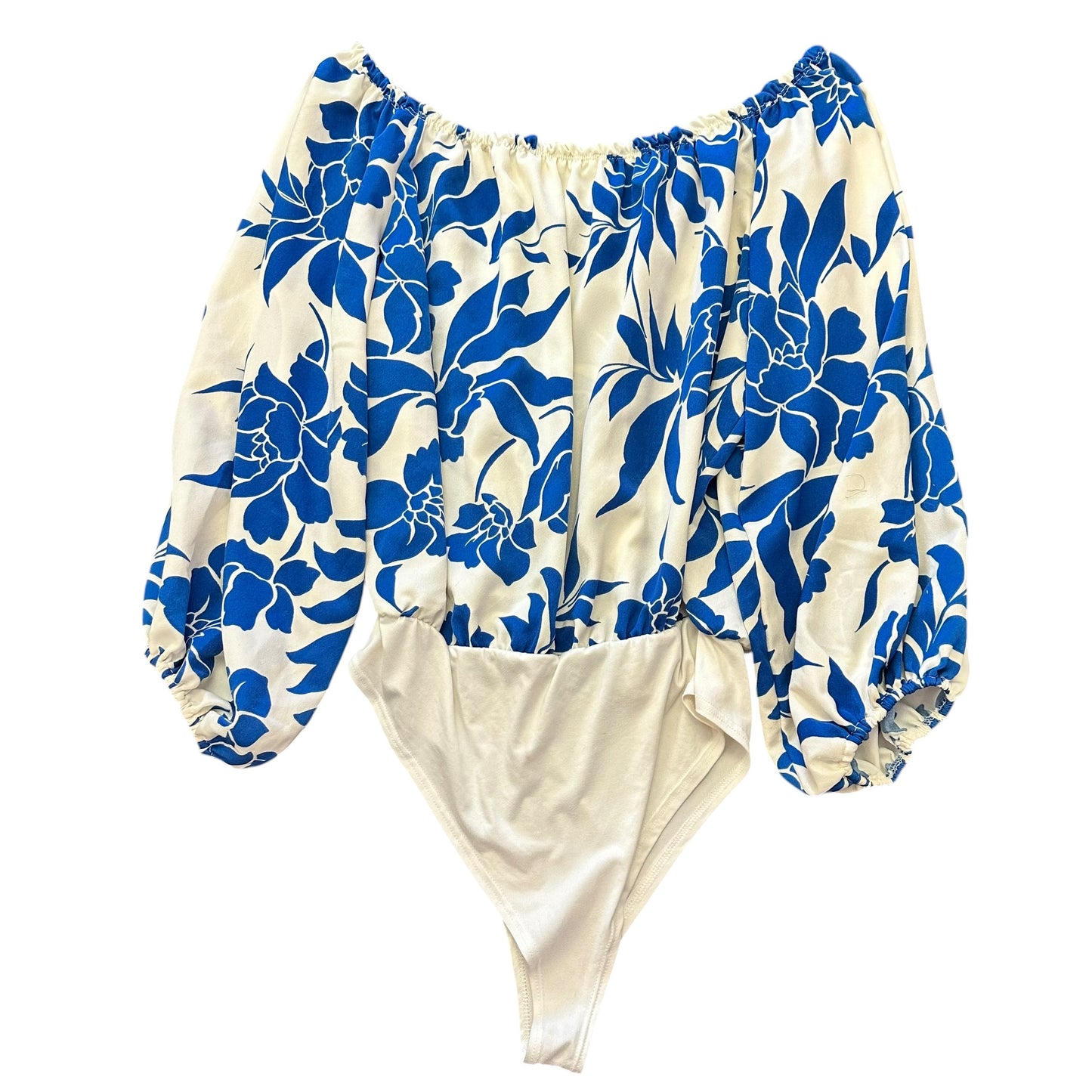ENTRO BLUE WHITE FLORAL BODYSUIT 8 LARGE