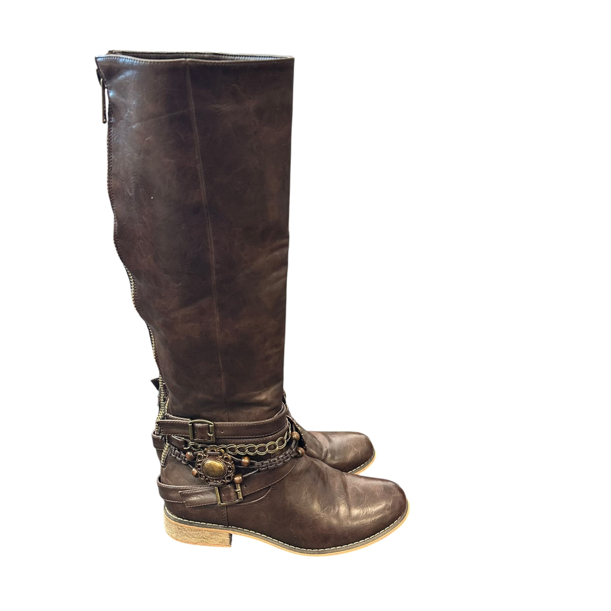 BROWN VEGAN LEATHER RIDING BOOTS EMBELLISHED 100 SZ 7