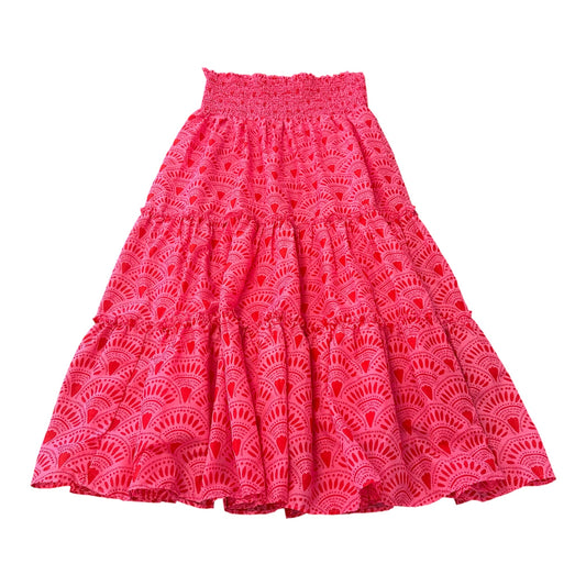 J MARIE SMOCKED TIERED PINK RED MAXI SKIRT 100 MEDIUM