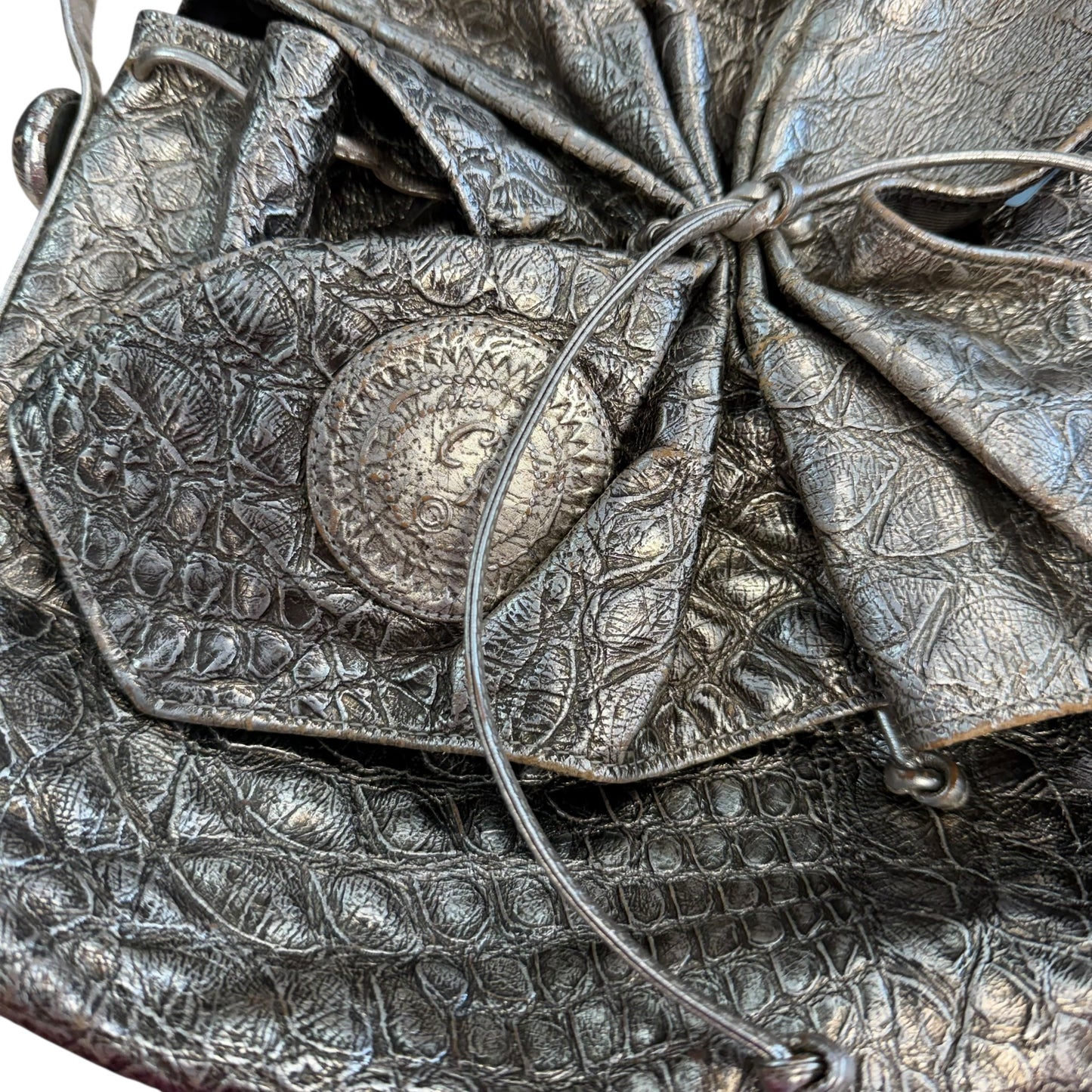 CARLOS FLACHI BUTTERFLY BAG VINTAGE METALLIC GOLD REPTILE EMBOSSED LEATHER 100