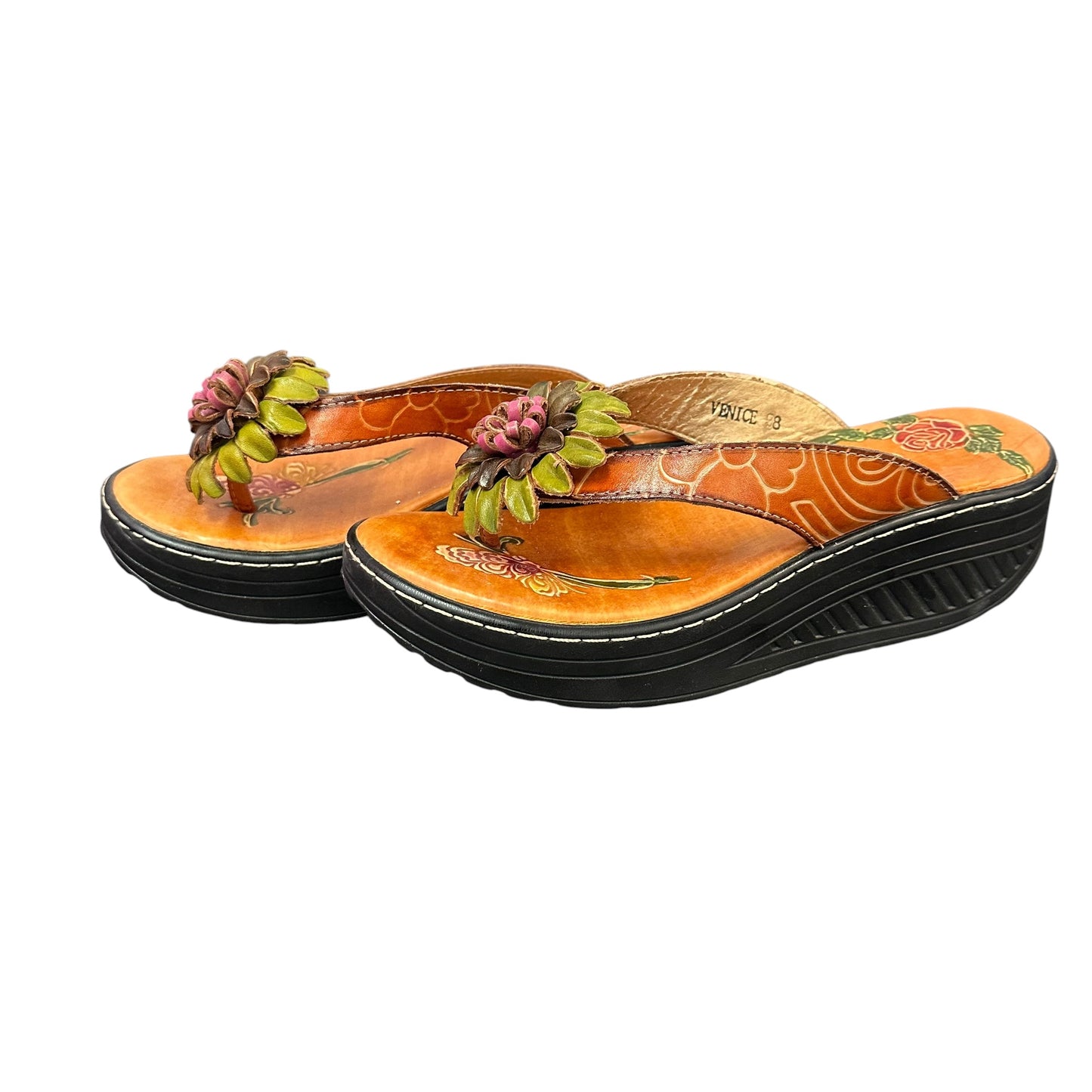 ELITE CORKY SANDALS LEATHER FLOWER NWOT 87 SZ 8