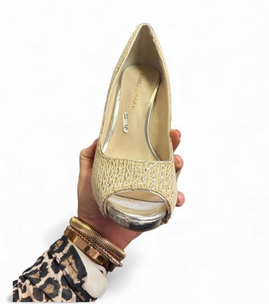 AUDREY BROOKE METALLIC GLITTER PEEP TOE PUMP STILETTO HEEL 114 SZ 9