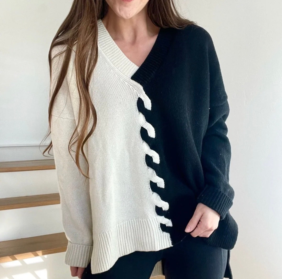 PEARL BLACK WHITE COLORBLOCK BRAIDED SWEATER NWT 216 XS OVERSIZED