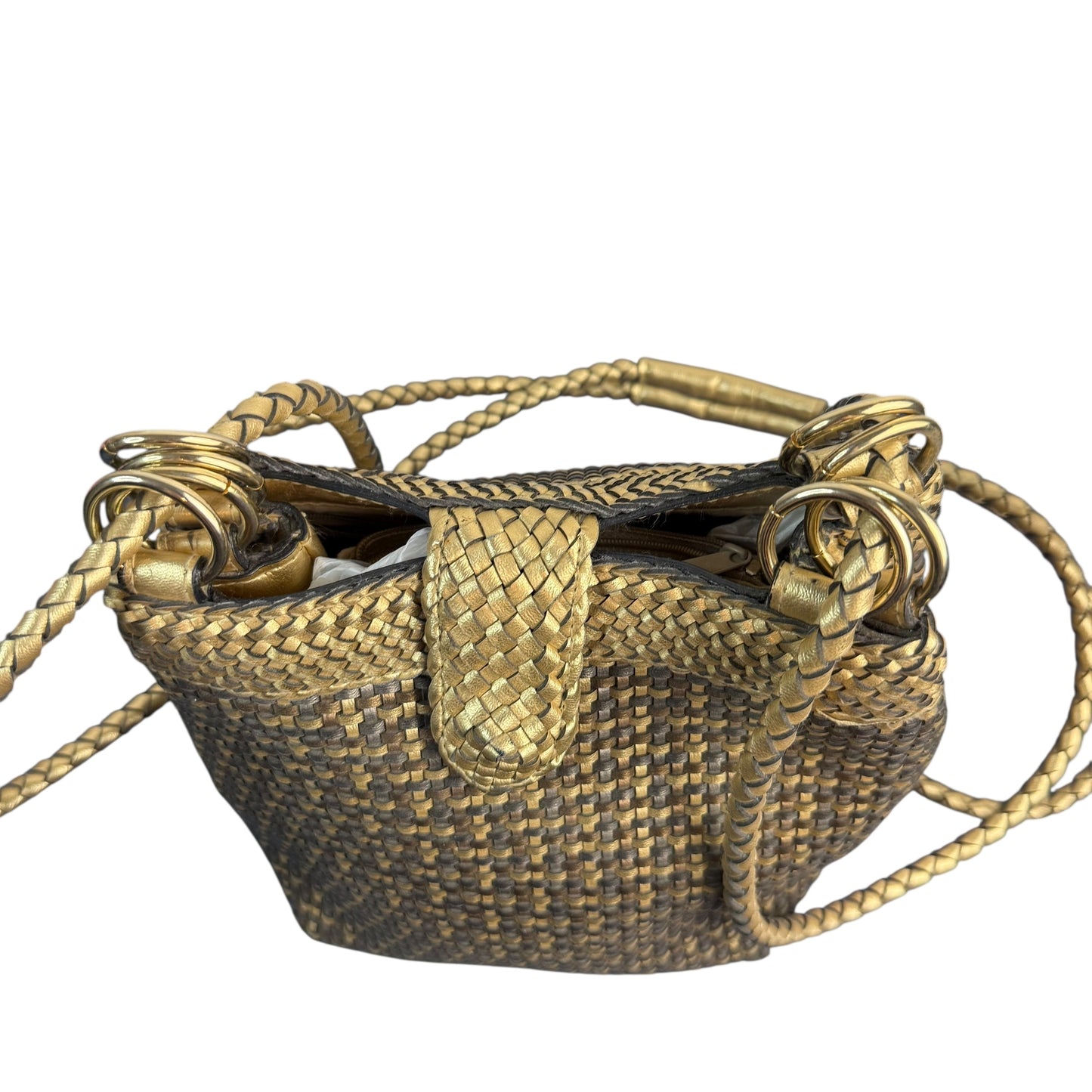 VINTAGE METALLIC GOLD BRONZE WOVEN FAUX LEATHER HANDBAG 100