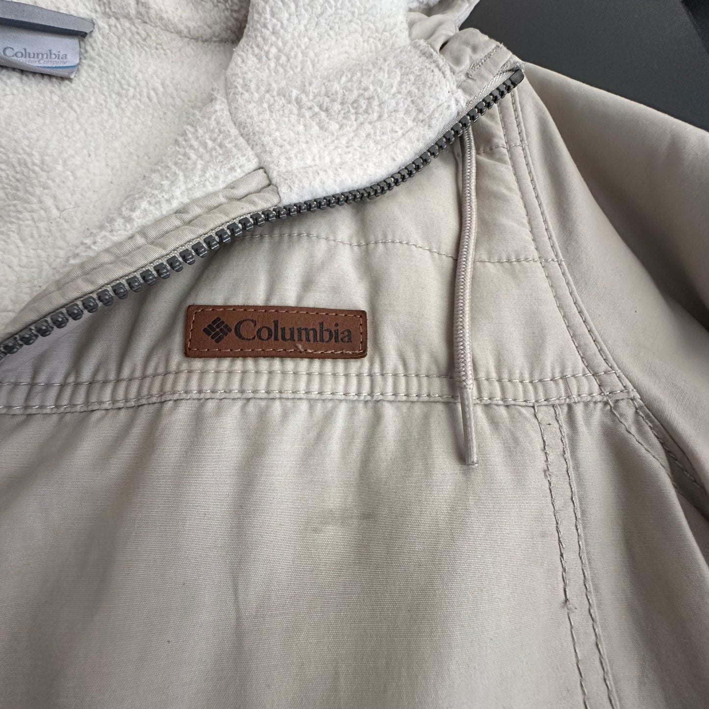 COLUMBIA TAN JACKET FULL ZIP HOODED SHERPA LINED 100 MEDIUM
