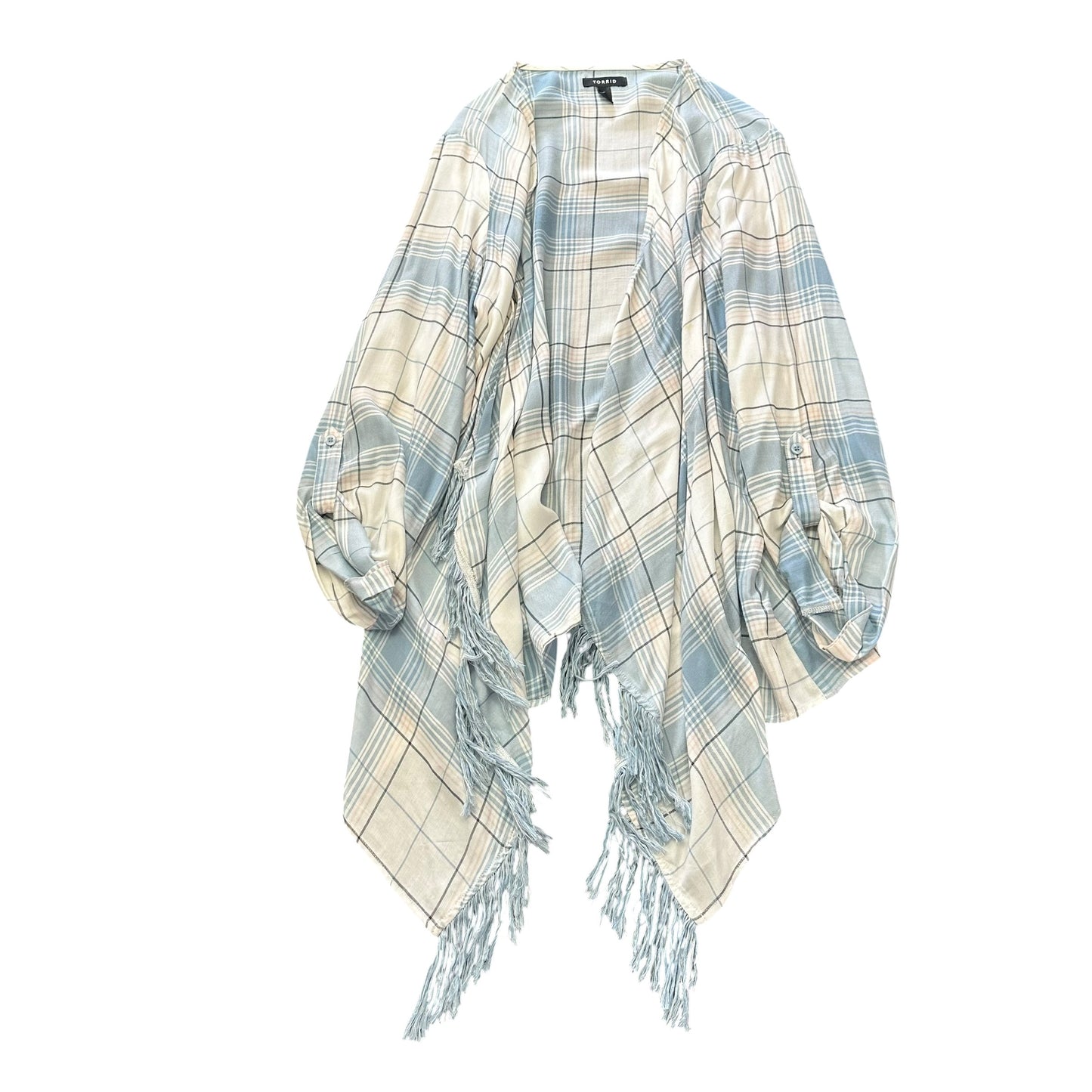 TORRID LIGHT BLUE WHITE PLAID FRINGE TRIM CARDIGAN 219 2XL