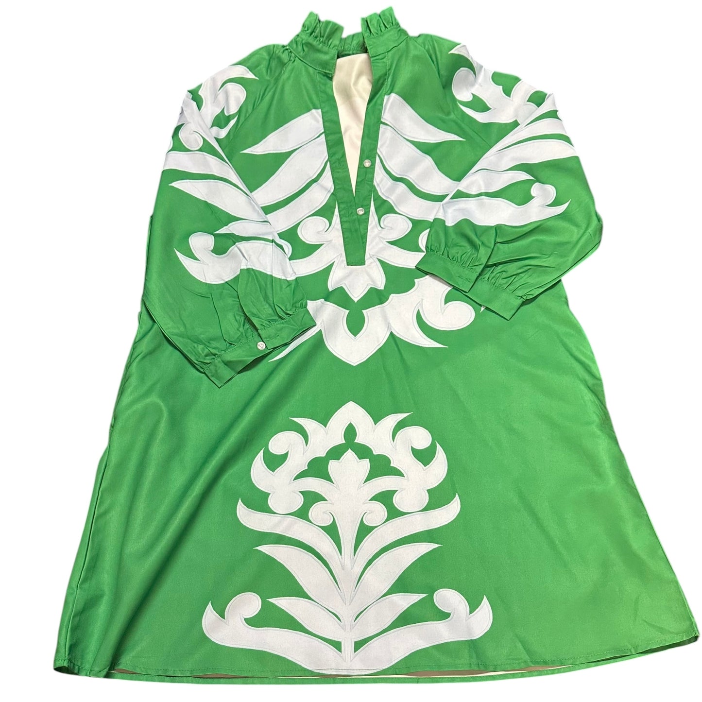 GREEN WHITE BLUE DRESS PUFF SLEEVES RUFFLE NECK 249 SMALL
