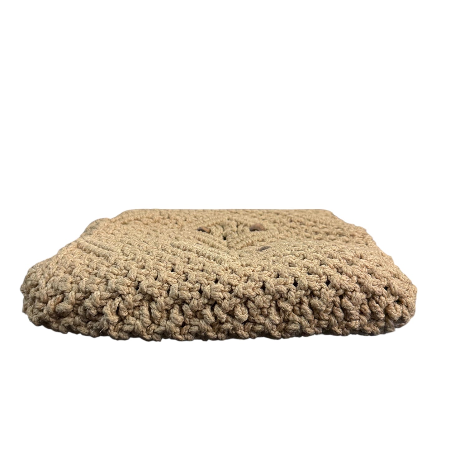 VINTAGE HANDMADE BEIGE MACRAME BAG WOODEN HANDLES BEAD CLAPS 100