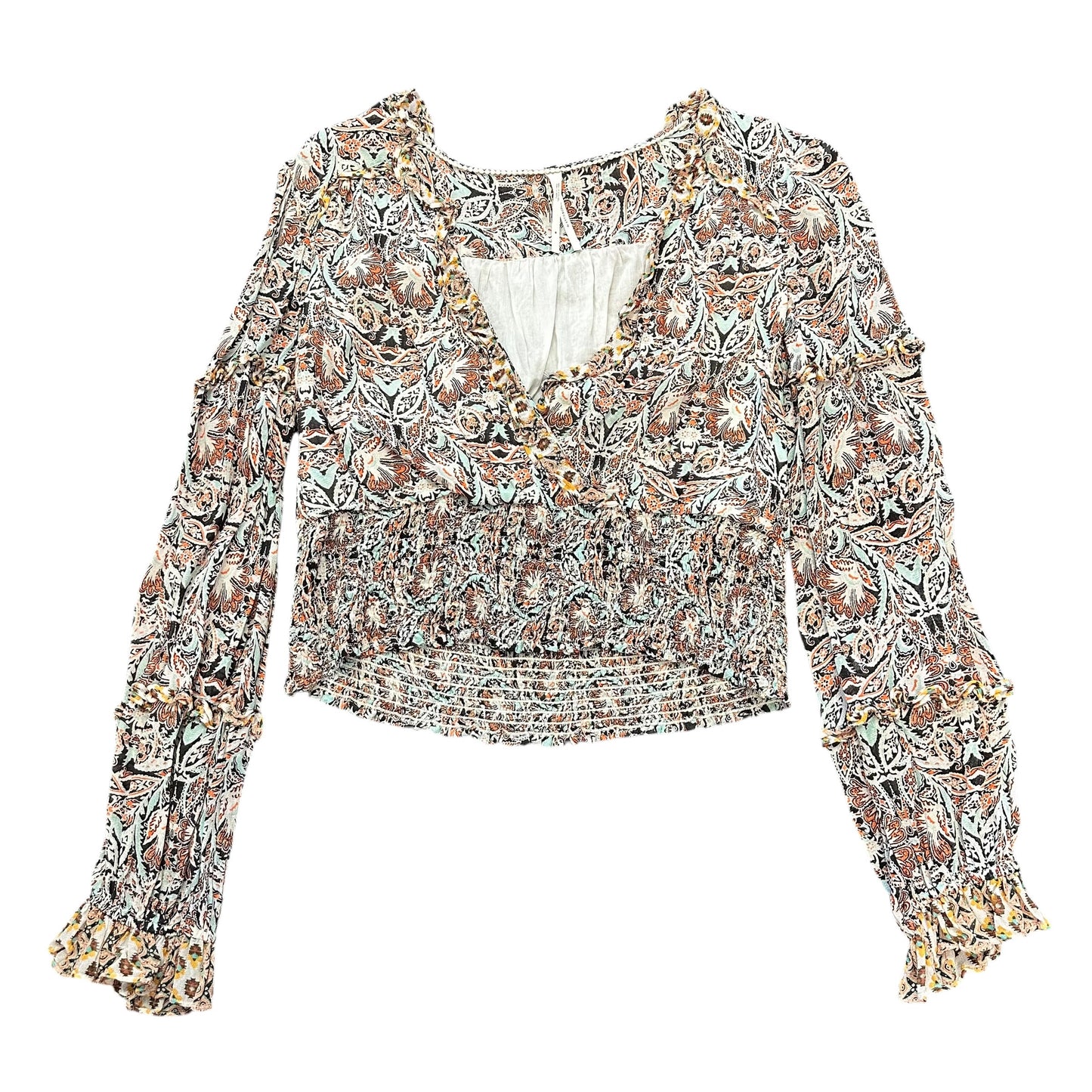 ANTHROPOLOGIE BEIGE FLORAL SMOCKED WAIST BLOUSE 14 MEDIUM
