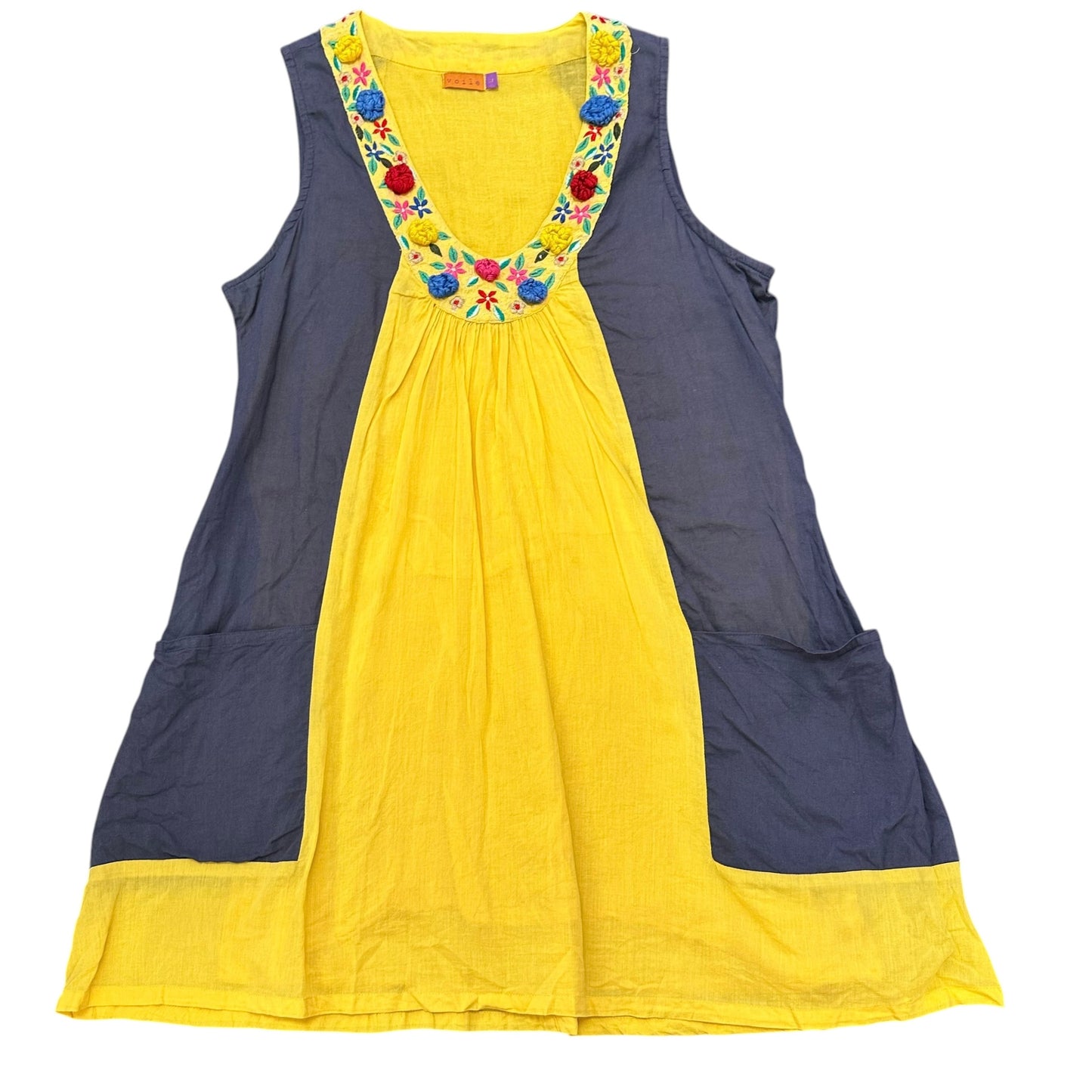 VOILE YELLOW NAVY COTTON DRESS FLORAL DESIGN 100 M/L