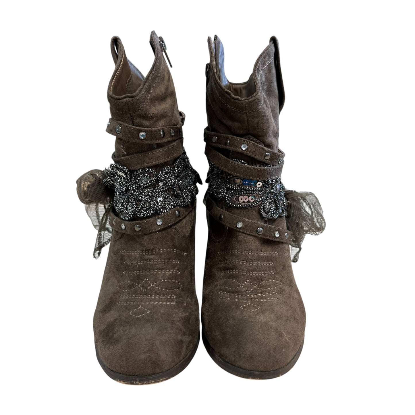 NOT RATED FAUX SUEDE BROWN SLOUCHY BOOTIES EMBELLISHED 219 SZ 9.5